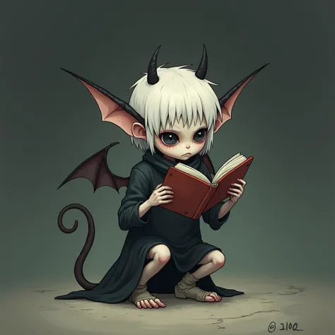  reading a picture book on all fours、１people、juvenile、No background、Bat ears are attached to the head 、 very small wings similar to bat wings in this illustration、No hat、 the overall color is dark 、Gloomy face、The hair is short and unkempt 、White Hair、Put ...