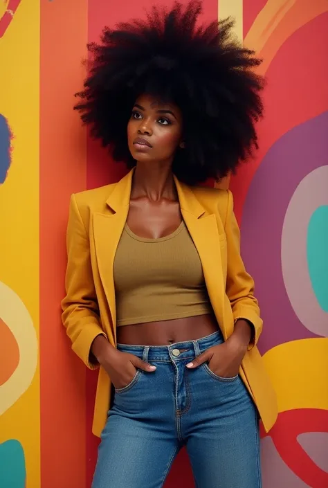 An Afro American in 80s style with flared jeans and an Afro.