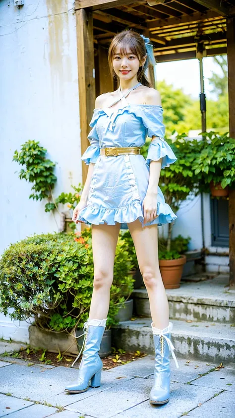 (8k、RAW Photos、 best quality、masterpiece:1.2)、(Realistic、Realistic)、1 person、((dress、gold and light blue、 ponytail、boots、belt、ribbon、Frills、Large Breasts、Off the shoulder、 miniskirt 、Thin legs、whole body、smile、garden、 stand with their hands on their hips )...