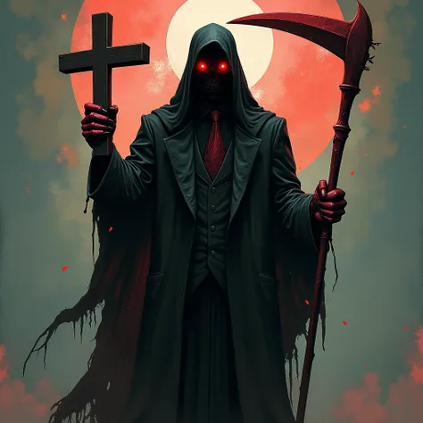 fiend
Red-eyed, wearing a suit, holding a cross, carrying an emissarys sickle, wearing a veil 
Xolo, Abstract art, 