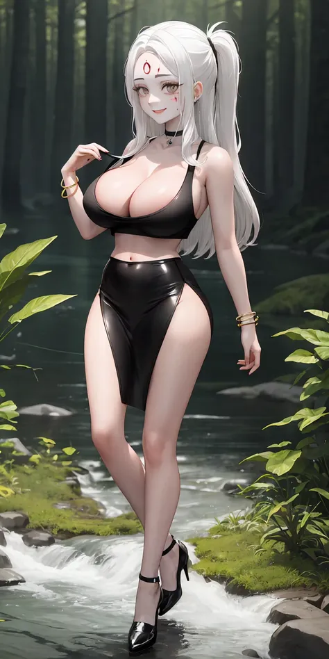 masterpiece, best quality, extremely detail 8k cg, high resolution, 1girl, solo, mature female, Spider_Demon_Daughter, white hair, hair ornaments, forehead mark, facial markings, pale skin, grey eyes, navel, cleavage, jewelry, gigantic breasts, bracelet, c...