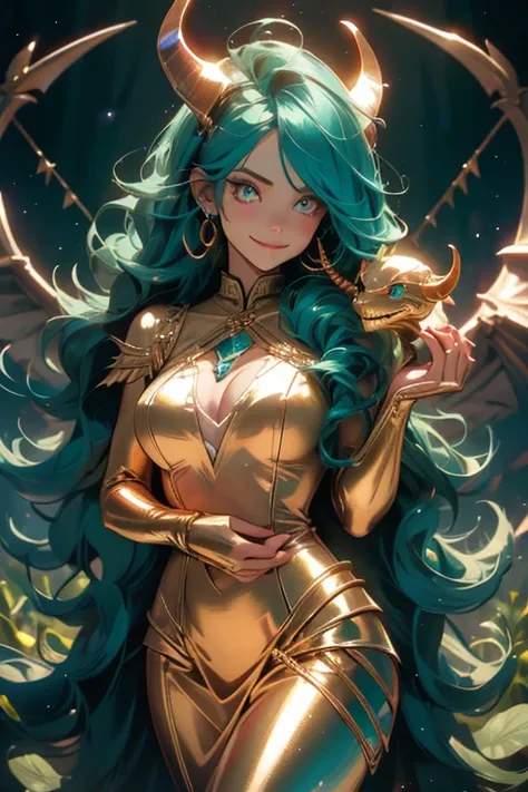 Perfect face. Perfect hands. A teal haired woman with golden eyes and an hourglass figure with golden horns in a golden suit is smiling while petting a dragon in the forest
