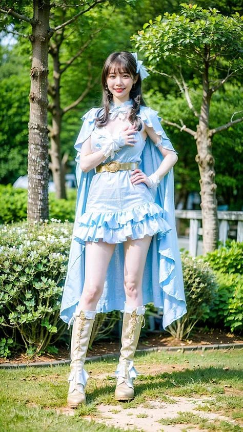 (8k、RAW Photos、 best quality、masterpiece:1.2)、(Realistic、Realistic)、1 person、((dress、gold and light blue、boots、belt、ribbon、Frills、Large Breasts、Cape、 miniskirt 、Thin legs、whole body、smile、garden、 stand with their hands on their hips ))、cute