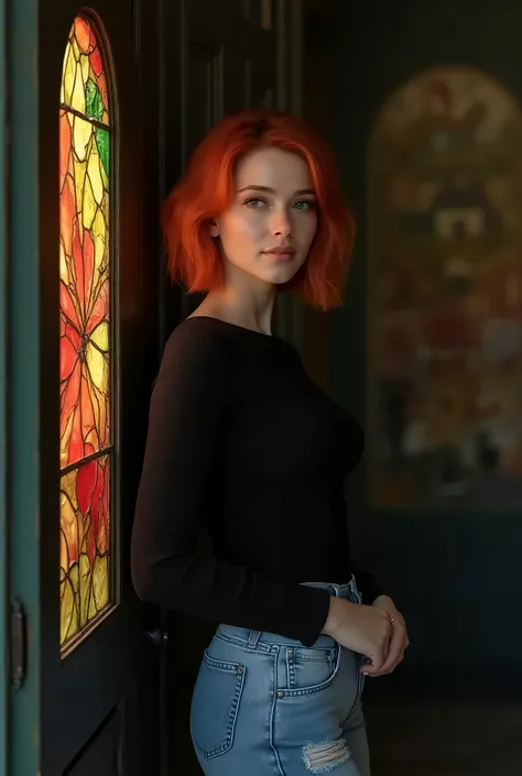 The image is a surreal portrait of a (30yo woman) leaning against an old wooden door with peak-a-boo stained-glass window. She is wearing a dark long-sleeved top and light blue jeans with ripped details on the knees. Her short strawberry-RED hair is short ...