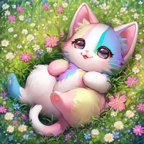 A kitten doll with colorful fur in the middle of a very beautiful green meadow