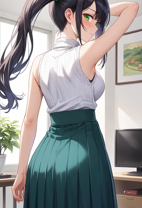 (masterpiece),(best quality), (ultra-detailed), (illustration), (an extremely delicate and beautiful), nsfw BREAK (show off armpit:1.4),(has one arm down:1.4) BREAK 1 high school girl,solo,(side ponytail:1.1),black hair,emerald green eyes,slant eyes,(middl...