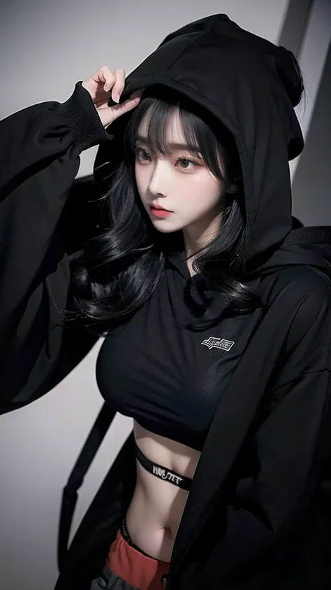 A girl with long black hair wearing a black hoodie with a hood　tall　Large breasts　With bangs　Refers to slender　With waistline