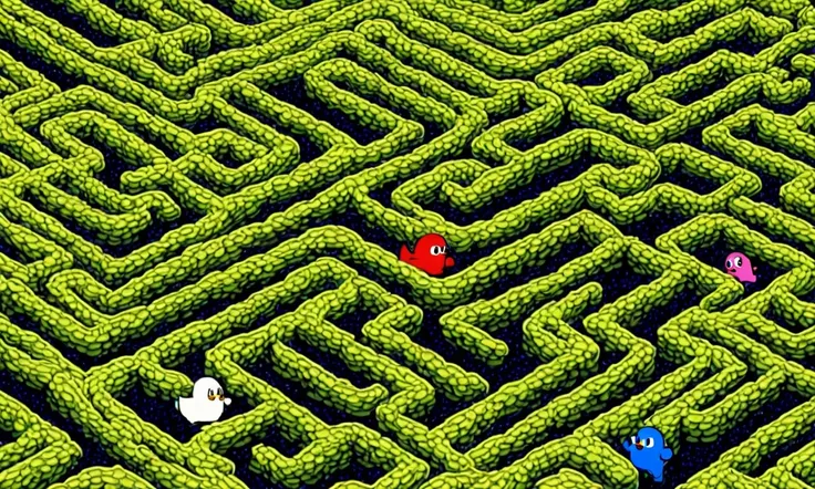 (classic 8 bit video game Pac Man) Pacman chases cute women (in different colored dresses) around a maze, eating pellets and trying to eat their dress (they run back home naked) 8 bit
