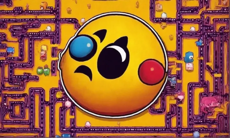 (classic 8 bit video game Pac Man) Pacman chases cute women (in different colored dresses) around a maze, eating pellets and trying to eat their dress (they run back home naked) 8 bit
