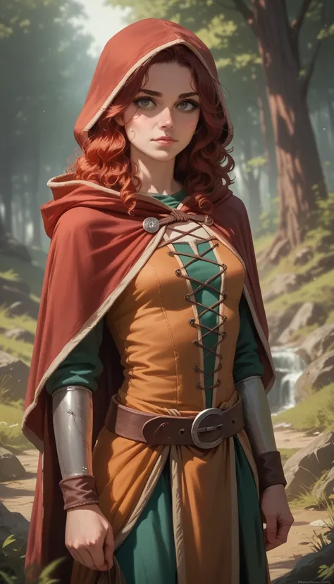 A young rogue adventurer medieval style curly red hair small breasts slim body wearing a short outfit and a hood, (realistic style, high quality, 4k 8k resolution, hyper realistic, focus on details:1.2), nsfw