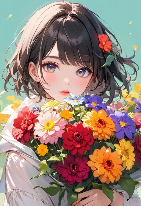 (masterpiece, best quality:1.2), A tween girl peeking out from a bouquet of flowers, solo, Colored pupils,Bouquet of pansies and dahlias and gerberas,lower lip, makeup, lower eye shadow,(black hair-color,various hairstyle), Color highlights, Pure-color bac...