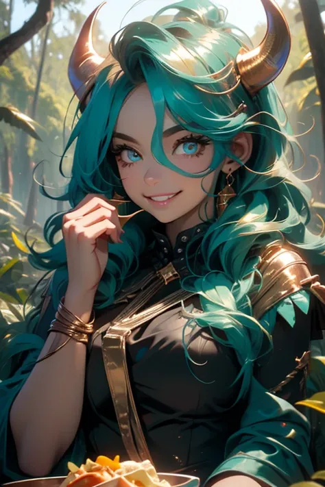 Perfect face. Perfect hands. A teal haired woman with golden eyes and an hourglass figure with golden horns in a golden suit is smiling while eating lunch in the forest
