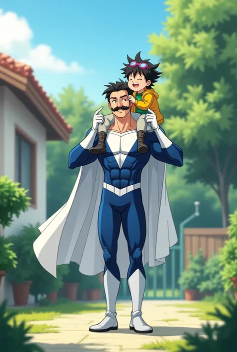 Calm scene two characters. Character 1: a (Middle-aged man with short black hair, in white cape, handle bar mustache, wearing skin tight white and blue original superhero suit, white gloves and white boots: Character 2: young boy, Spiky black hair, yellow ...