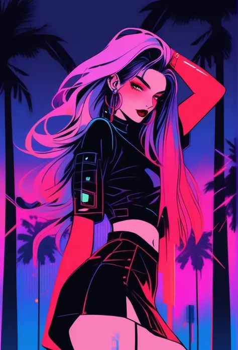 ((illustrator)),perfect rock vampire in love, in club, retrowave,  cyberpunk theme, stylish, sketch, 1girl, lovely, rockstar, shiny lip, jersey wear, order, very modern stylish asymmetry hair ((gradient)) background, neon hair, textured crop, (masterpiece,...