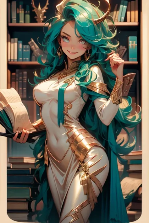 Perfect face. Perfect hands. A teal haired woman with golden eyes and an hourglass figure with golden horns in a golden suit is smiling while gather old books from the library