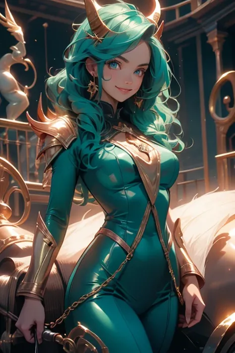 Perfect face. Perfect hands. A teal haired woman with golden eyes and an hourglass figure with golden horns in a golden suit is smiling while entering the stables