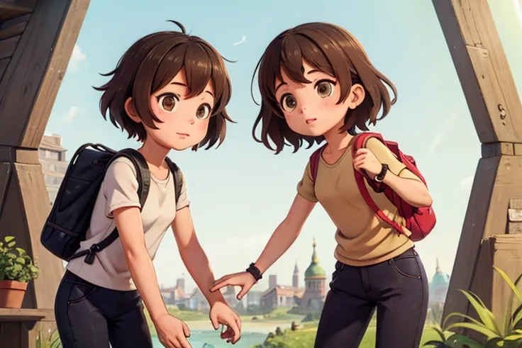 masterpiece; Style: daily; necessary background: Nature of Russia, middle lane, random landscape; free dresscode, fingerless gloves, black lether backpack; Characters: 1 like a girl boy and 1 like a boy girl (absolute similarity(twins)) Brother and sister,...