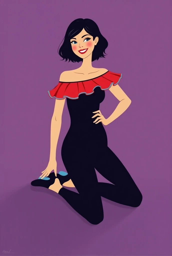 Vector illustration, girl, minimalist, flat color, A female as a Dancer, Medium Black Hair, Bob Cut, Blue Eyes, Red Lips, smile, wearing a stylish black jumpsuit. The jumpsuit features a red off-the-shoulder ruffle at the top, which is accented with blue t...