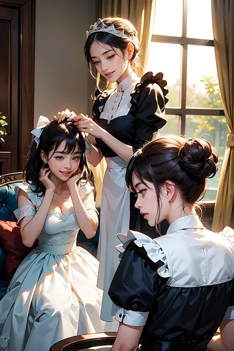 Two s are helping the maid and the maid lady comb their hair。The noble lady is smiling happily。, Maid&#39;s Cousin Maid does everything with love and dedication, The maid takes great pleasure in taking care of her male master.,