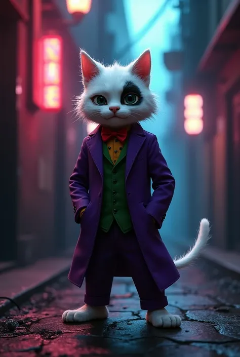 
Joker Cat, standing tall like human and wear jokers clothes  the mischievous white cat with a black laughing mark around his eyes, sneaking through a dark alley, surrounded by colorful neon lights, with a maniacal laugh escaping his mouth.

Joker Cat: A m...