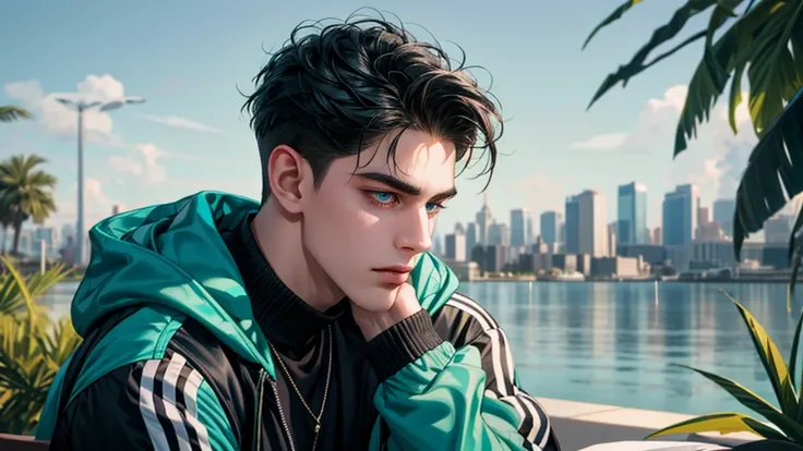 a handsome young man, 21 years old, black hair, badboy, short hair, blue eyes, ombros largos,  masterpiece, absurd face, beautiful and detailed, concentrated look,  with dark green Adidas jacket , sunny environment during the day. He is on his side looking...