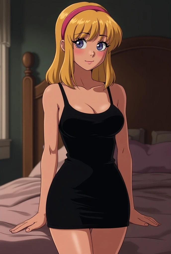 mandy from billy and mandy in 90s anime and adult style, blonde medium hair, pink Hairband, a seductive smile, mouth closed, dressed in a very short sleeveless black dress, collarbone, arms at side, 1girl, solo, looking at viewers, her bedroom background
