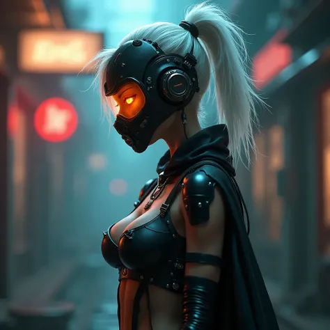 young american girl, 13yo, gothic, cyber ninja assassin, white hair. cyborg, robotic augmentations, Eyes orange. head and shoulders shot, side on, brooding. Cyberpunk Background . tattooed, sexy. bondage straps. 
futuristic high ponytail. short hair, no ni...