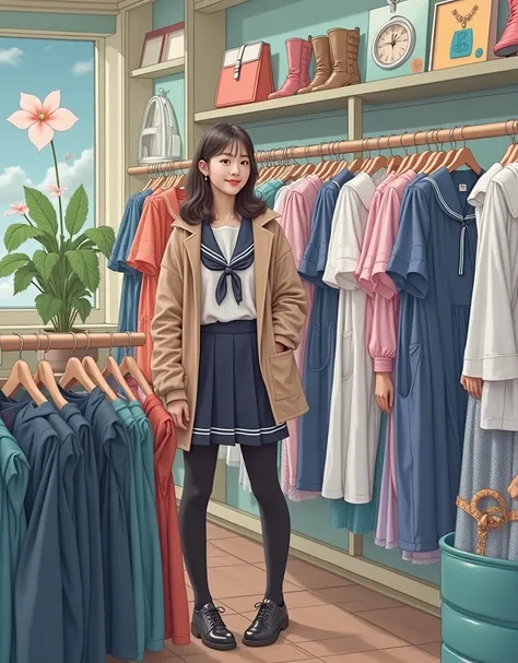 Alaf woman posing in front of a clothing display,  a picture inspired by Ma Won-woo,  instagram, realism, Seifuku,  Magic school student uniforms , JK uniform, Japanese clothing, Cai Xukun, 🔞🤡,  Japanese School Uniforms , loose coat collar sailor uniform, ...