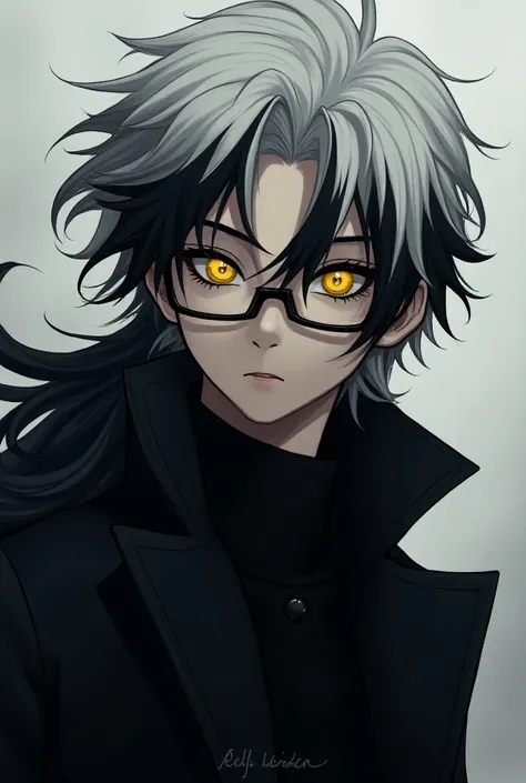 A young man with long white hair, with black hair up to his forehead, with golden right eyes, wearing glasses, wearing a black coat.