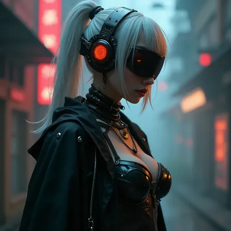 young american girl, 13yo, gothic, cyber ninja assassin, white hair. cyborg, robotic augmentations, Eyes orange. head and shoulders shot, side on, brooding. Cyberpunk Background . tattooed, sexy. bondage straps. 
futuristic high ponytail. short hair, no ni...