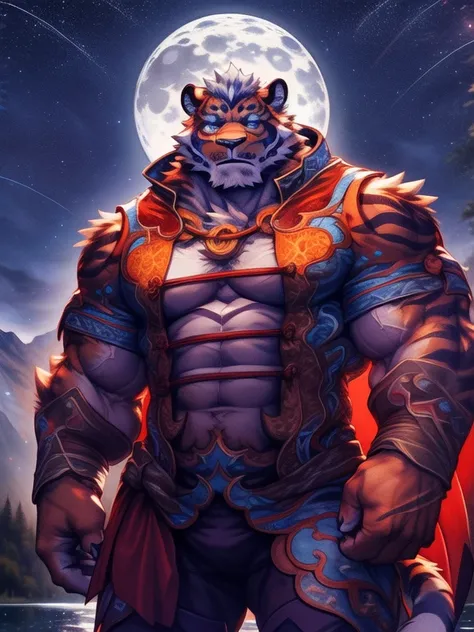 portrait, Lin-hu, giant,  muscular body , big muscles, large pectorals, red cape, standing in front of the lake, night sky, full moon, landscape,  depth of field ,  light particles , ( The best quality :1.1), ( masterpiece :1.1), ( Ultra detailed:1.1),  sh...