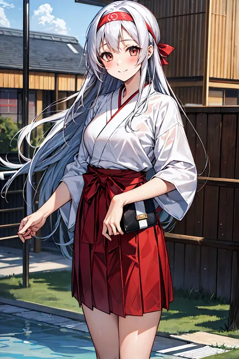 best quality, masterpiece, highres, solo, {shoukaku_kantaicollection:1.15}, long_hair, hairband, white_hair, brown_eyes, smile, headband, blush, muneate, 1girl, japanese_clothes, looking_at_viewer,White hakama, hakama_skirt, red_hakama, red_headband, skirt...