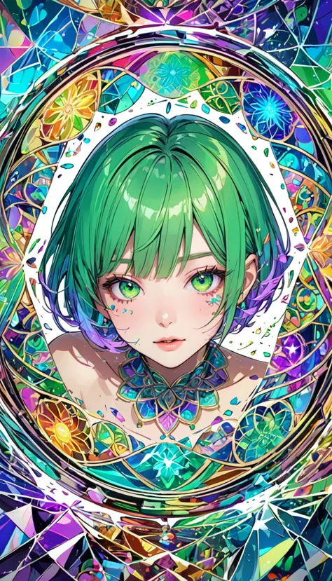 artwork that looks like colored rough sketch drawn, cute beauty, green messy short hair, iridescent mandalas, fluorescent magic circles, mirror-plated-finished kaleidoscopes, random, trinity, shattered glass, BREAK ultra detailed, absolutely resolution, be...