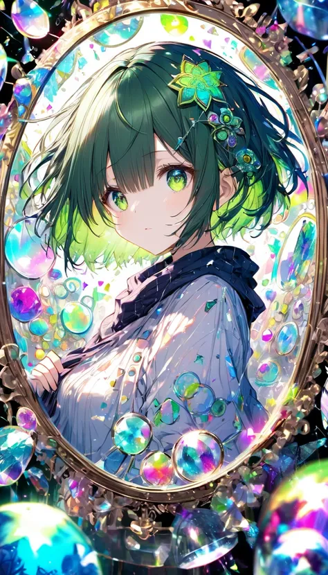 artwork that looks like colored rough sketch drawn, cute beauty, green messy short hair, iridescent mandalas, fluorescent magic circles, mirror-plated-finished kaleidoscopes, random, trinity, shattered glass, BREAK ultra detailed, absolutely resolution, be...