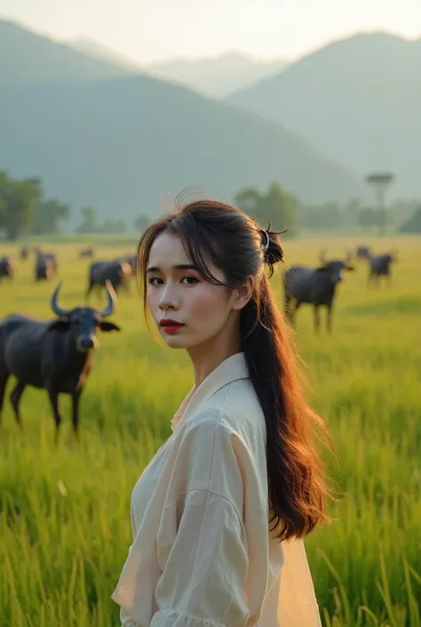  beautiful asian girl photo,Long hair,Hair tie,  standing in the middle of the field , morning sunlight ,buffalo, field view ,mountain, fog realistic photo ,ภาพชัด full hd, super sharp image ,clear image64k 