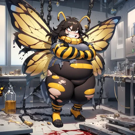 anime, high detailed , 1 girl, chained, damage, bleeding damage, torn clothes, chained in a laboratory, wasp girl, anthro, wasp ...