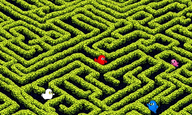 (classic 8 bit video game Pac Man) Pacman chases cute women (in different colored dresses) around a maze, eating pellets and trying to eat their dress (they run back home naked) 8 bit