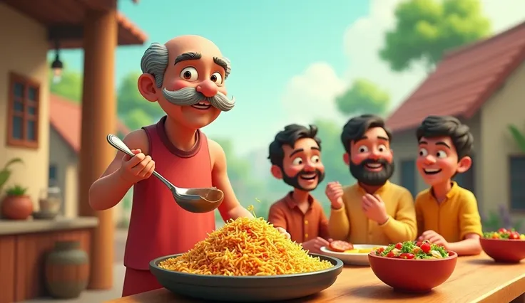 

"A cheerful, cartoon-style scene set in a village with vibrant colors and 3D-rendered characters. In the foreground, an elderly man with a thick, gray mustache, bald head with gray hair on the sides, and wearing a red sleeveless kurta is serving a large ...