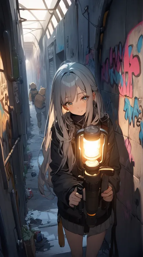 One Girl、Adventurous expression、Sparkling Eyes、Long Hair、 holding a tattered backpack、Hall々A positive attitude、Small breasts、 holding a flashlight in hand 、  
break、  
Dim tunnel、（Mysterious Light:1.4）、 Cold Hues 、Feeling of exploration 、 artistic details ...