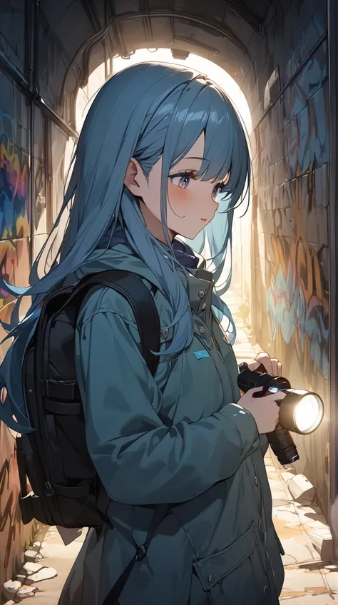 One Girl、Adventurous expression、Sparkling Eyes、Long Hair、 holding a tattered backpack、Hall々A positive attitude、Small breasts、 holding a flashlight in hand 、  
break、  
Dim tunnel、（Mysterious Light:1.4）、 Cold Hues 、Feeling of exploration 、 artistic details ...