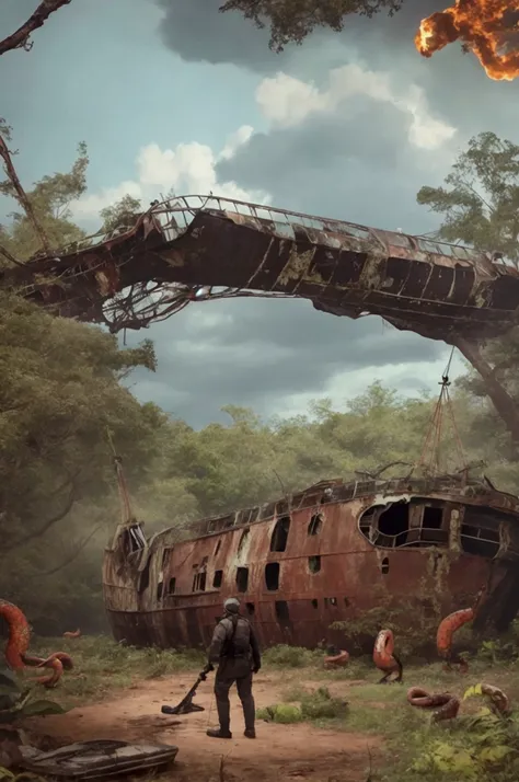 image of an abandoned ship rusting in the forest surrounded by pythons, realistic, 8k, full body.