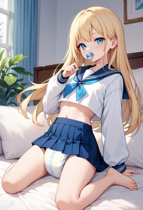 Beautiful long blonde　Girl in sailor suit　  navy blue mini skirt　 Long Sleeve 　barefoot　diaper　  Shy 　Suck on a pacifier