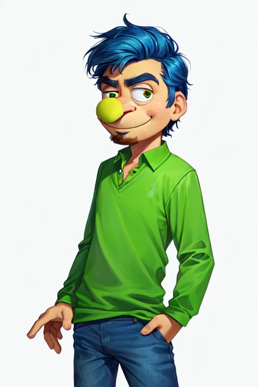 a drawing of a cartoon character with a green shirt and blue jeans, jacksepticeye as a muppet, cartoon drawing, mr. bean depicted as a muppet, ✏️🎨, as a muppet, cartoon character, colored drawing, by Tom Wänerstrand, inspired by Ismail Gulgee, a color penc...