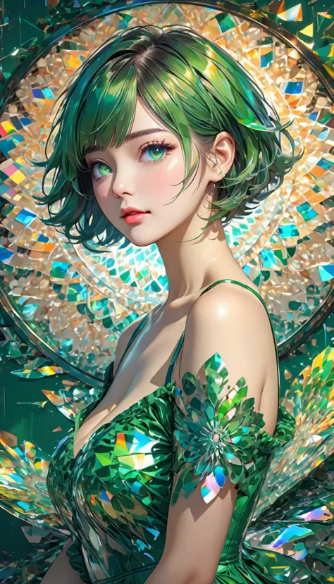 artwork that looks like colored rough sketch drawn, cute beauty, glossy silky green messy short hair, makeup, amorous expression, cortesy, elegance, dignity, captivating eyes, curvaceous, various effects, BREAK iridescent mandalas, fluorescent magic circle...