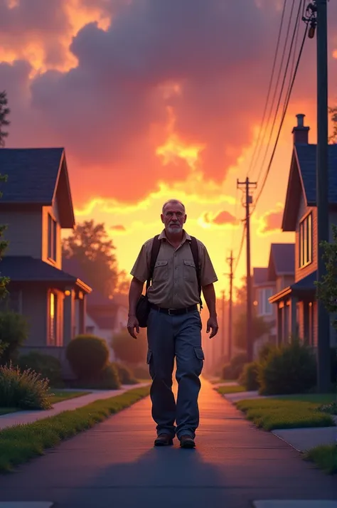 A scene depicting a tired individual returning home after a long day of hard work. The character is a middle-aged man wearing simple work clothes, looking weary as he walks down a quiet street at sunset. He carries a small backpack and has a tired expressi...