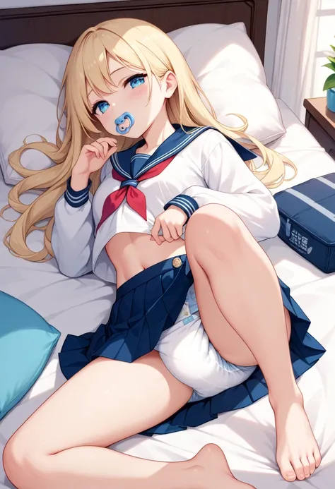 Beautiful long blonde　Girl in sailor suit　  navy blue mini skirt　 Long Sleeve 　barefoot　diaper　  Shy 　Suck on a pacifier　Lie down on the bed