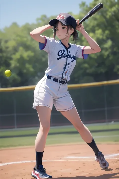 Best Quality、masterpiece、 High Resolution 、Fine Lines、beautiful、 1 girl、Playing softball、Ground、Summer Day、