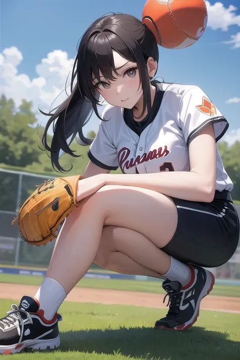 Best Quality、masterpiece、 High Resolution 、Fine Lines、beautiful、 1 girl、Playing softball、Ground、Summer Day、