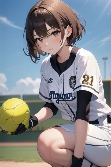 Best Quality、masterpiece、 High Resolution 、Fine Lines、beautiful、 1 girl、Brown Hair、 short hair、 playing softball、 white uniform 、Wearing gloves 、Ground、Summer Day、