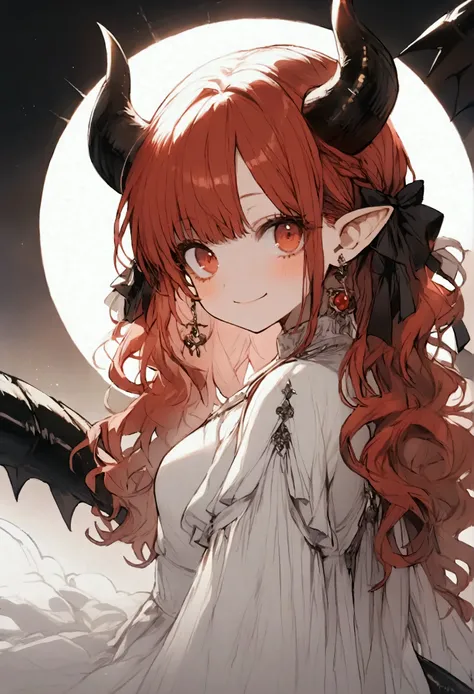  one girl ,Red Hair,Perm,Middle Long,Devil horns,The front hair is even,Eyes,Round eyes,, white dress ,Dragon&#39;s Tail,smile,Small ribbon